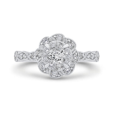 Round Diamond Floral Engagement Ring in 14K Two Tone Gold